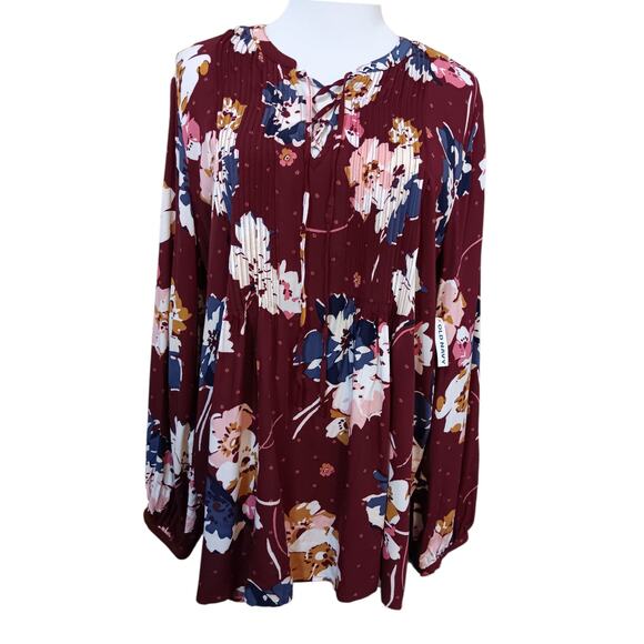 NEW OLD NAVY Burgundy Floral Boho Peasant Top Blouse Tunic Large Flowy Tucks - Picture 8 of 9